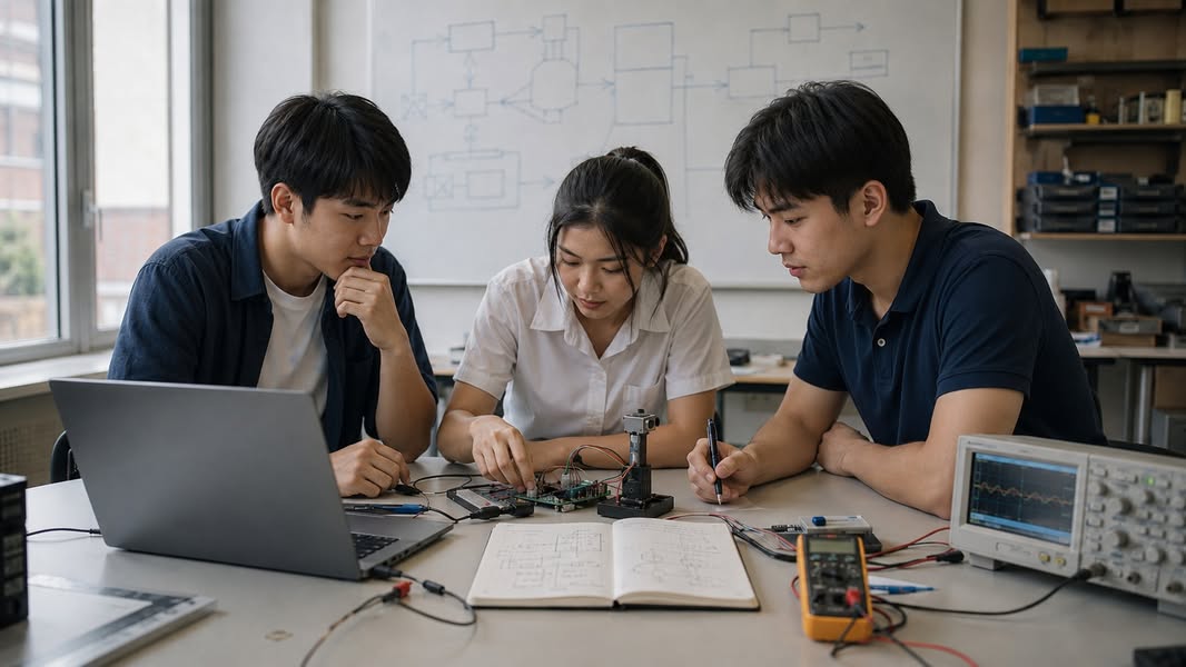 นิสิตวิศวกรรมคอมพิวเตอร์ทำงานร่วมกันกับวงจร อุปกรณ์วัด และคอมพิวเตอร์ในห้องปฏิบัติการ