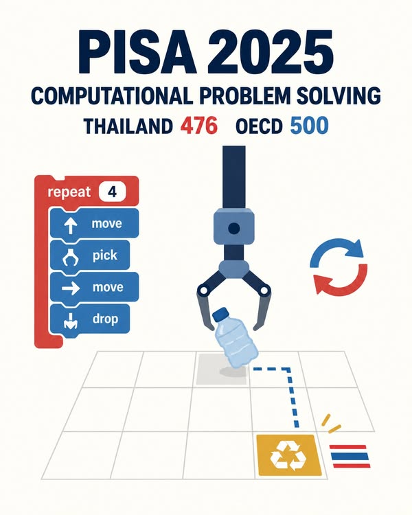 ภาพ PISA 2025 Computational Problem Solving แสดงคะแนนไทย 476 และค่าเฉลี่ย OECD 500