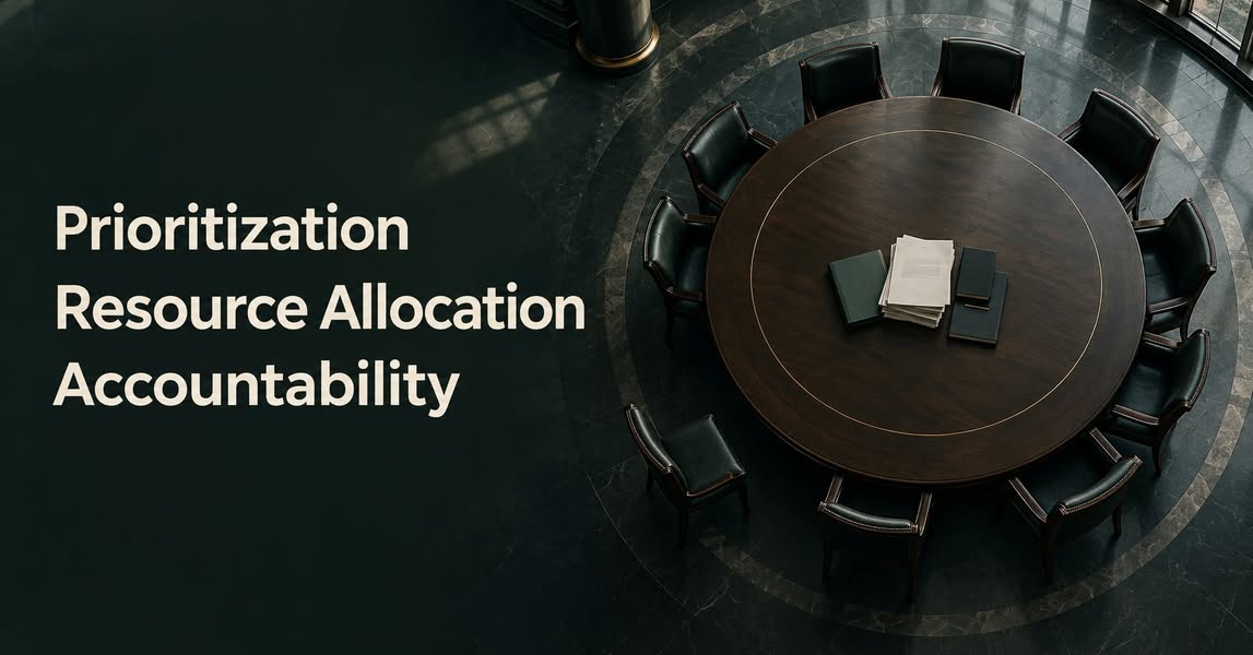 โต๊ะประชุมกับข้อความ Prioritization Resource Allocation Accountability
