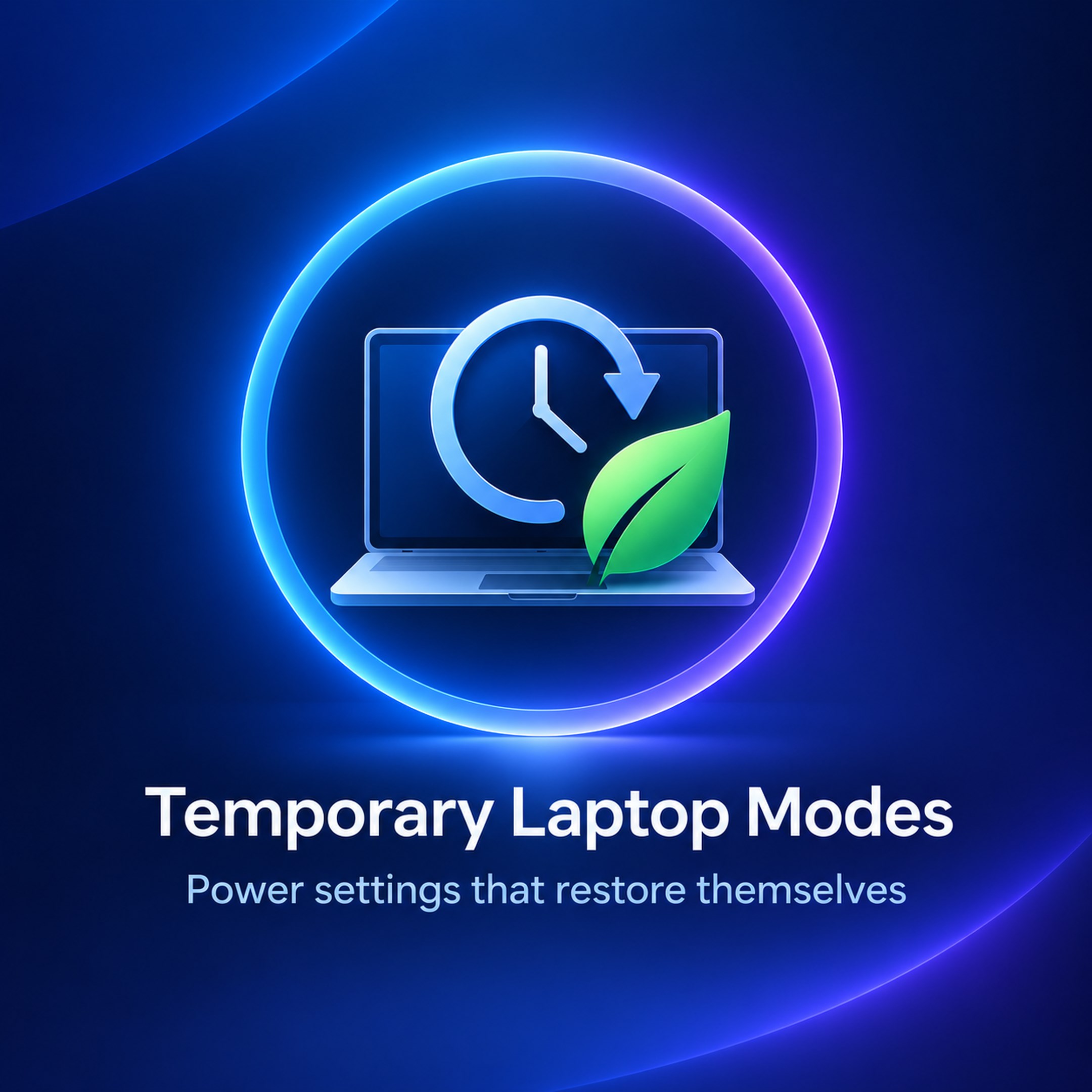 ภาพผลิตภัณฑ์ Temporary Laptop Modes พร้อมสัญลักษณ์โน้ตบุ๊ก นาฬิกา และใบไม้